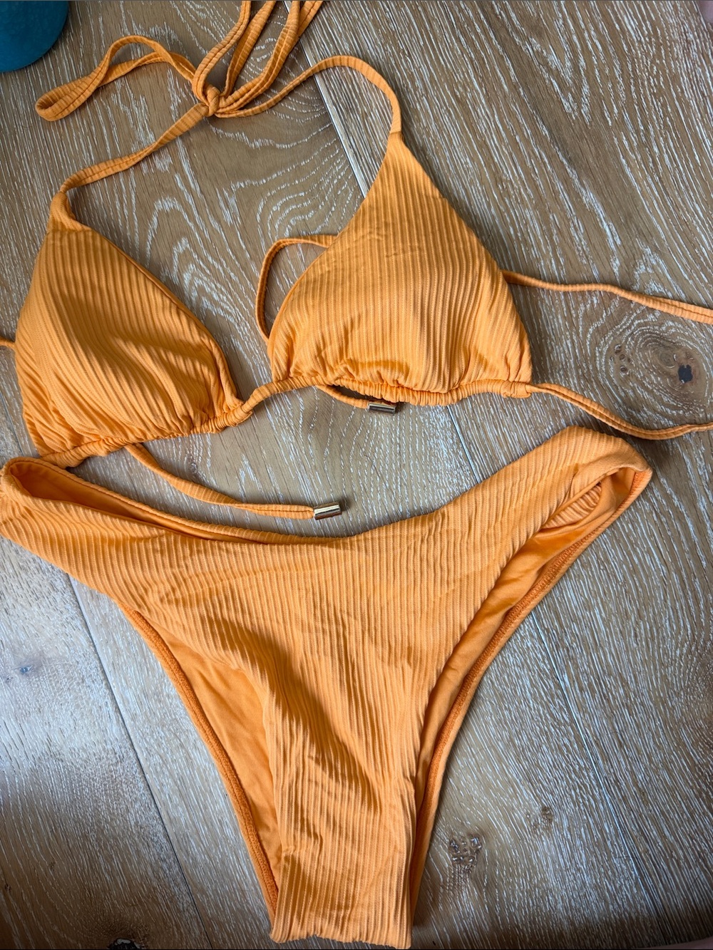 Monday swimwear Ribbed Orange/golden yellow  Triangle Bikini Set Byron bottom